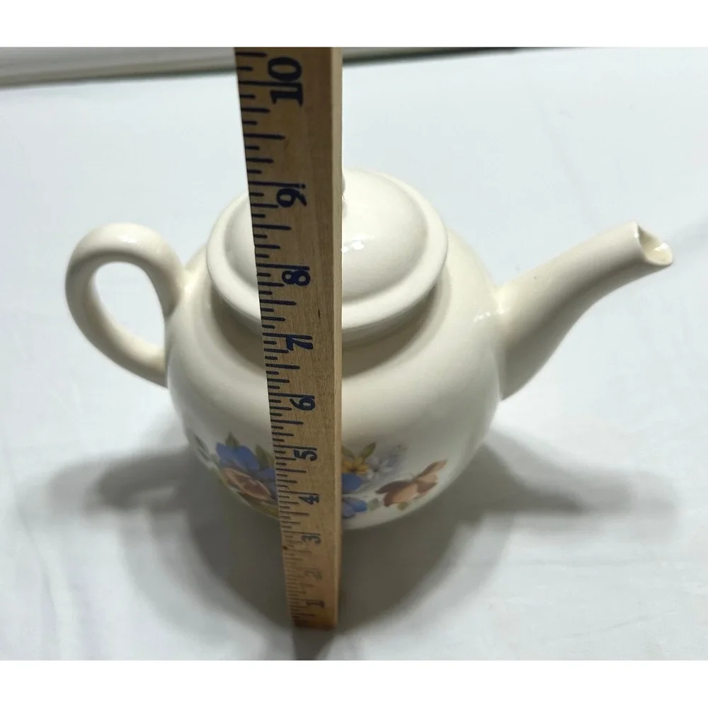 Vintage Floral Ceramic Teapot Cream with Blue and Orange Pansies 6 inch